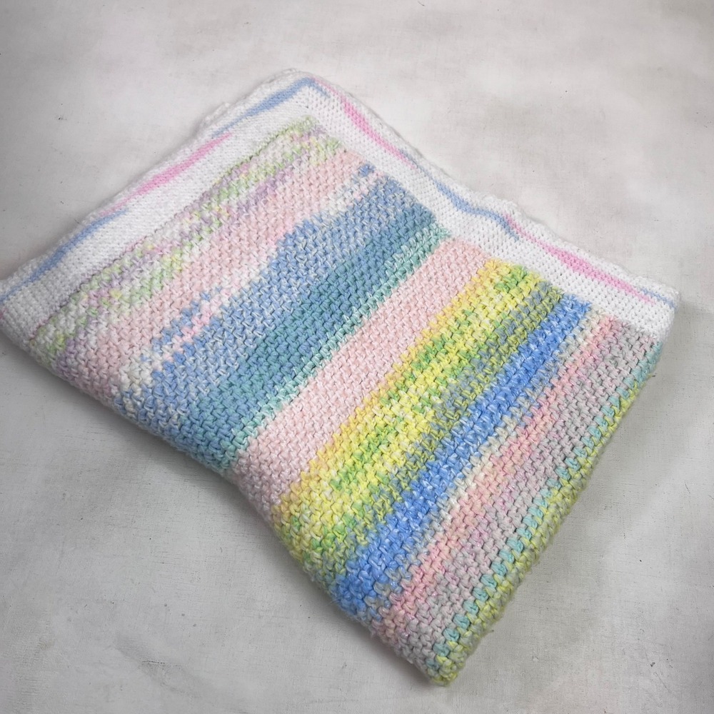 Vtg Pastel‎ Crochet Baby Blanket, Handmade Knit Stripes White Trim Soft READ - Picture 7 of 7
